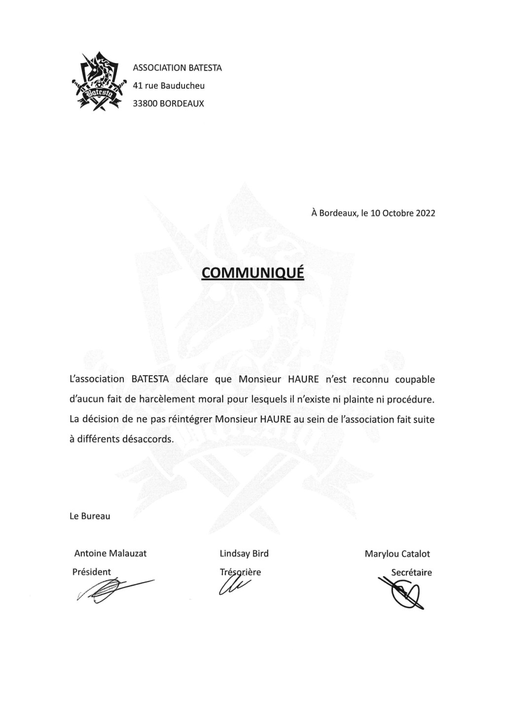 Communiqué suite à la conciliation du&nbsp;29/09/2022